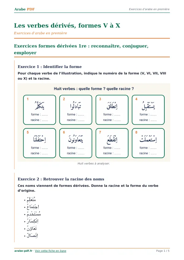 Exercices « Les verbes dérivés, formes V à X » en PDF