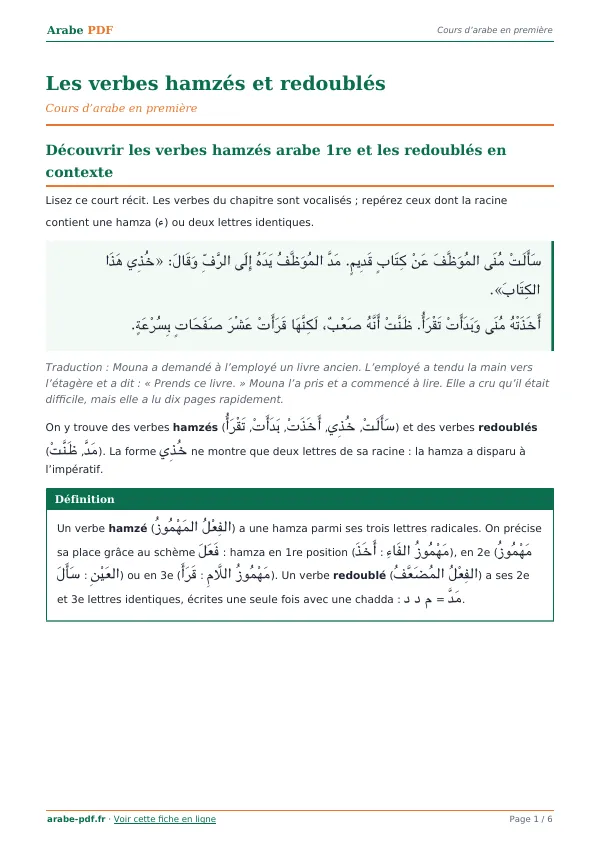 Cours « Les verbes hamzés et redoublés » en PDF