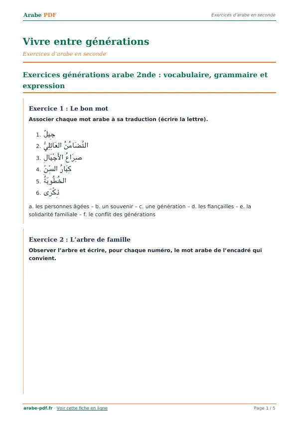 Exercices « Vivre entre générations » en PDF