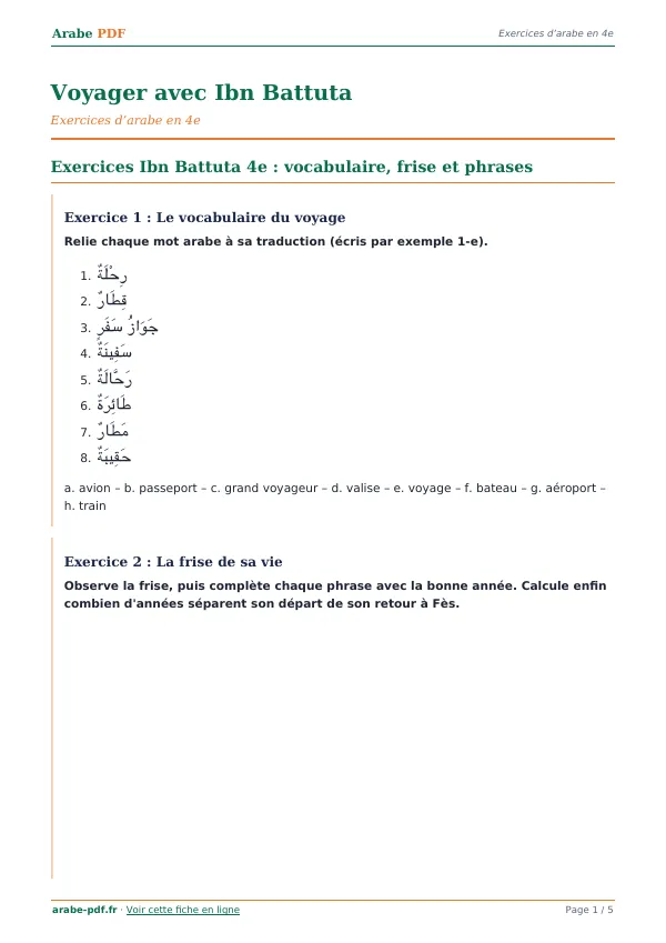 Exercices « Voyager avec Ibn Battuta » en PDF