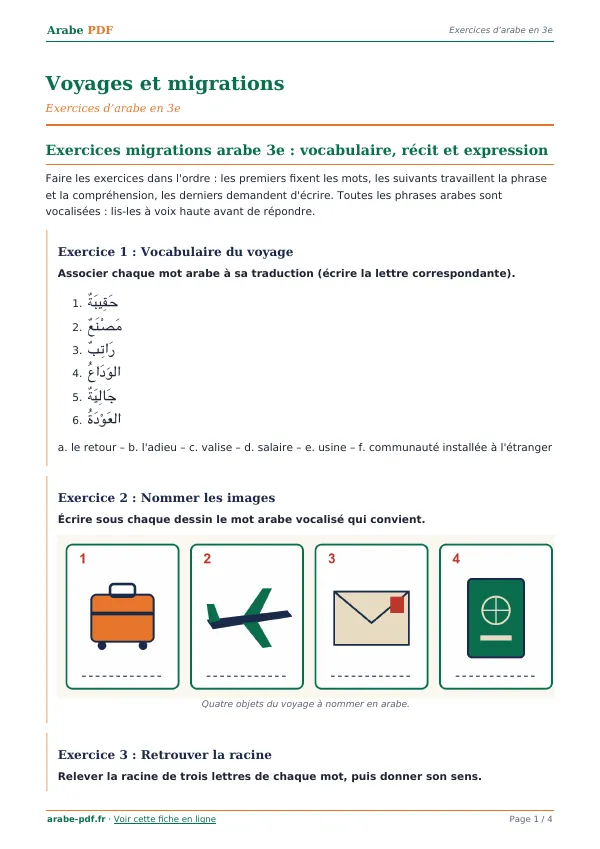 Exercices « Voyages et migrations » en PDF